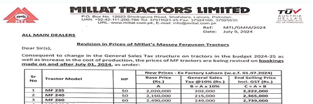 Millat Tractors Ltd Price Revision July 2024